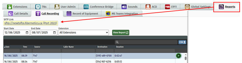 Reports -> Call Recording SFTP Link