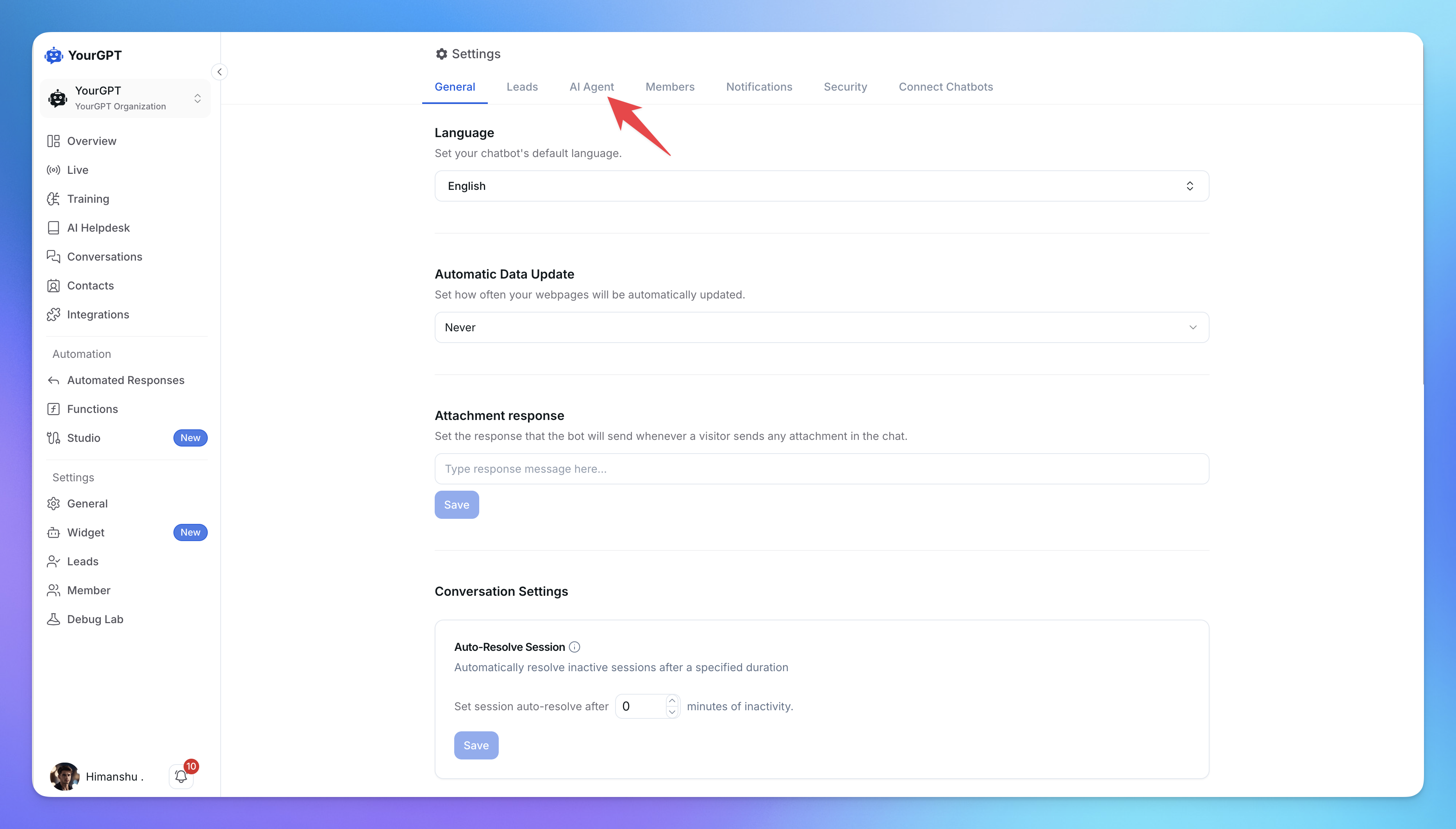 Select AI Agent Settings