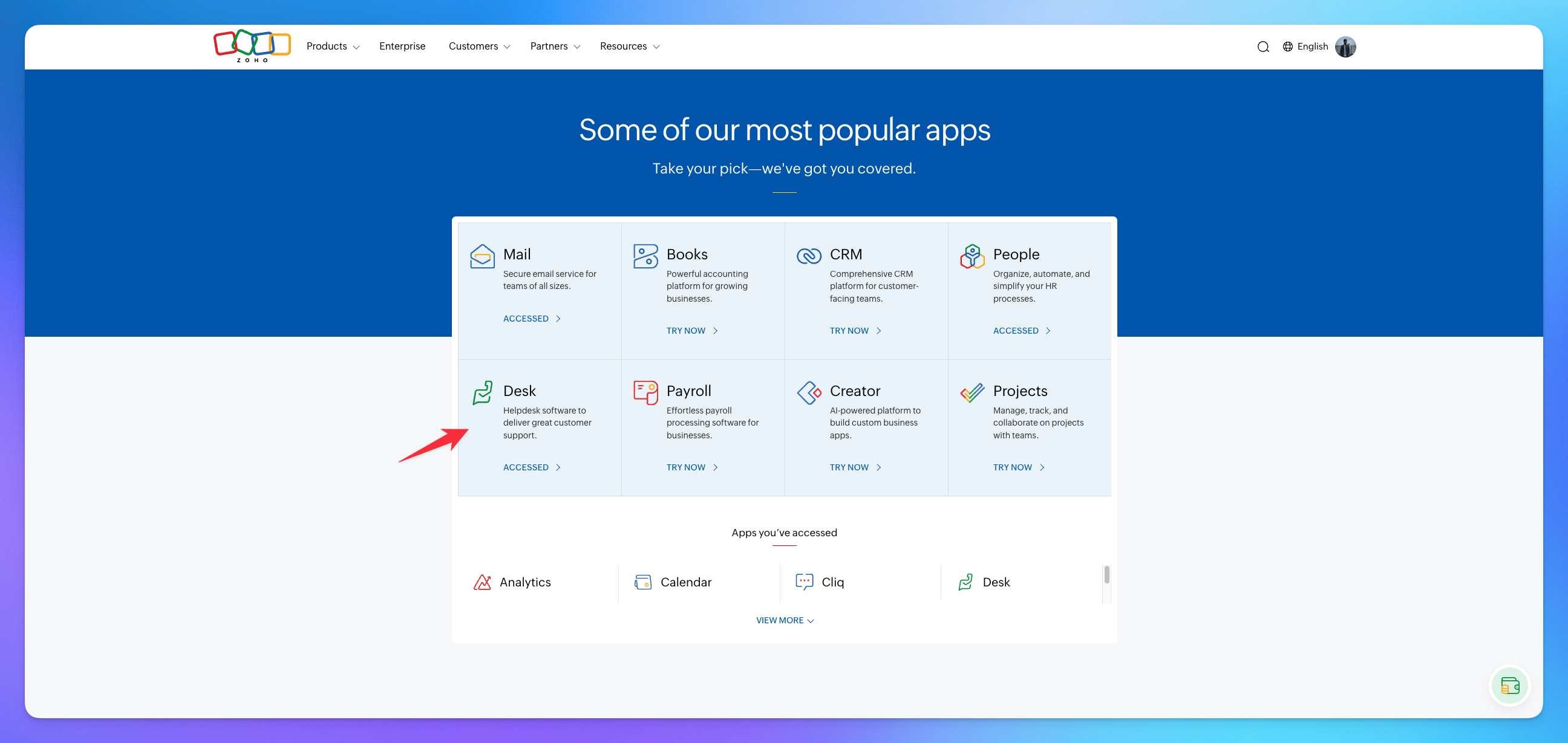 Zoho home page