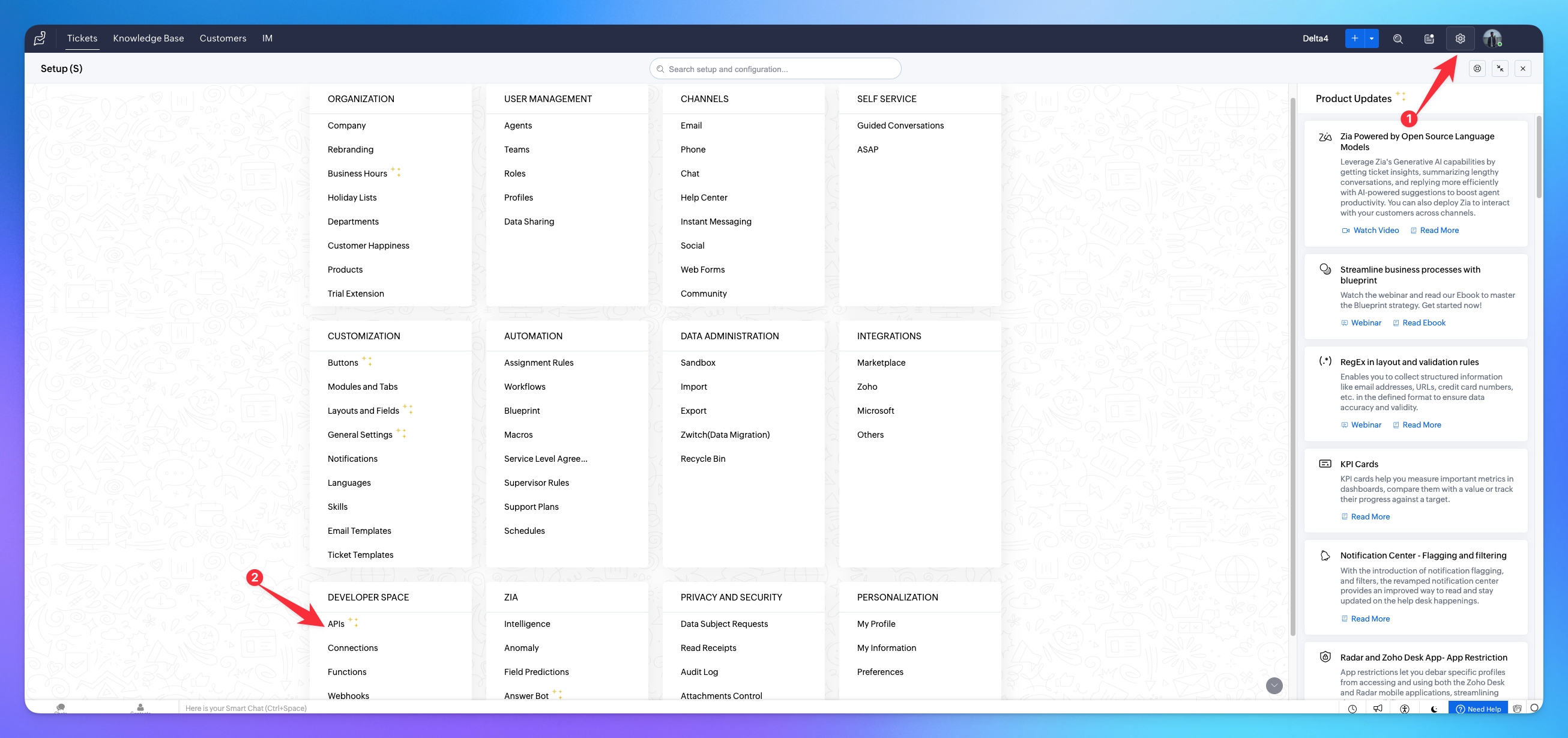 Zoho setting page