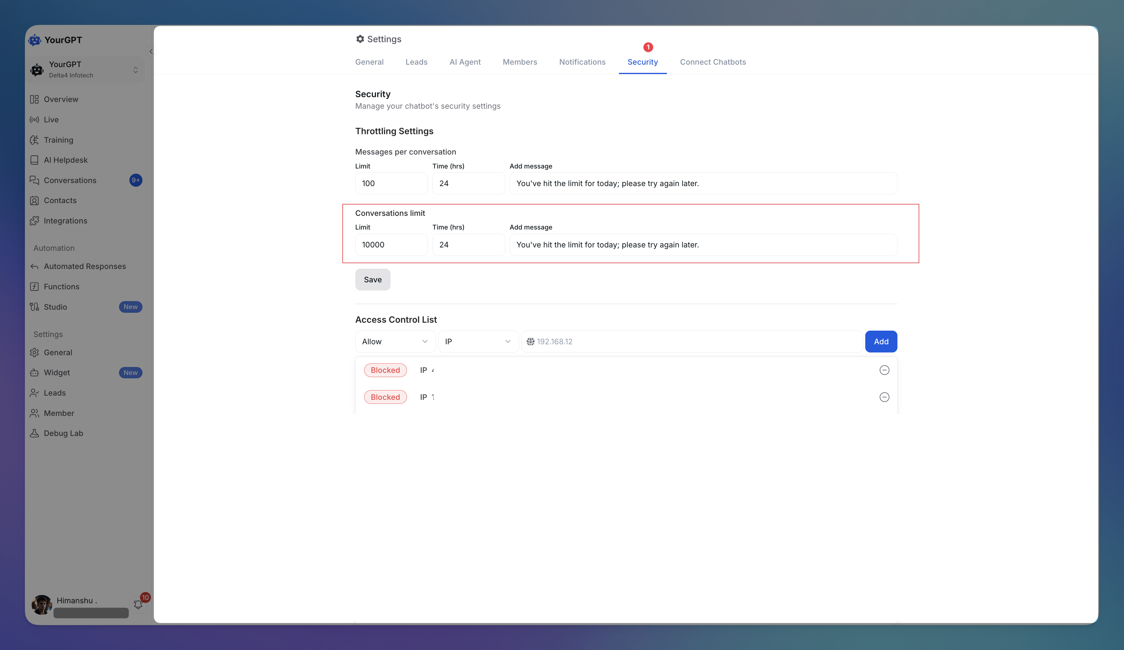 Adding the conversation Limit