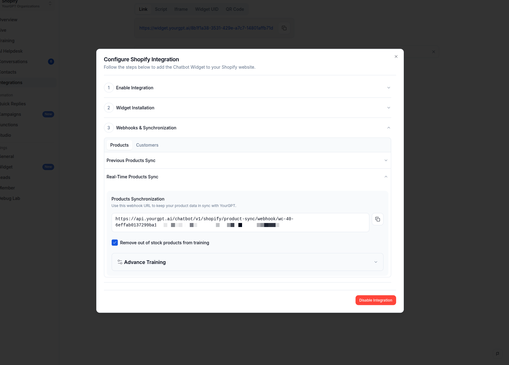YourGPT Shopify integration Products tab with the Real-time Sync webhook URL